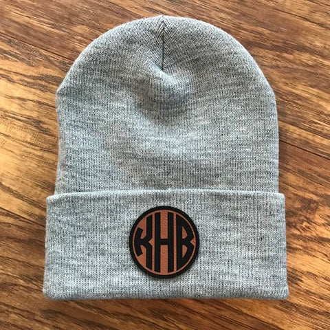 Personalized beanies with leather patch